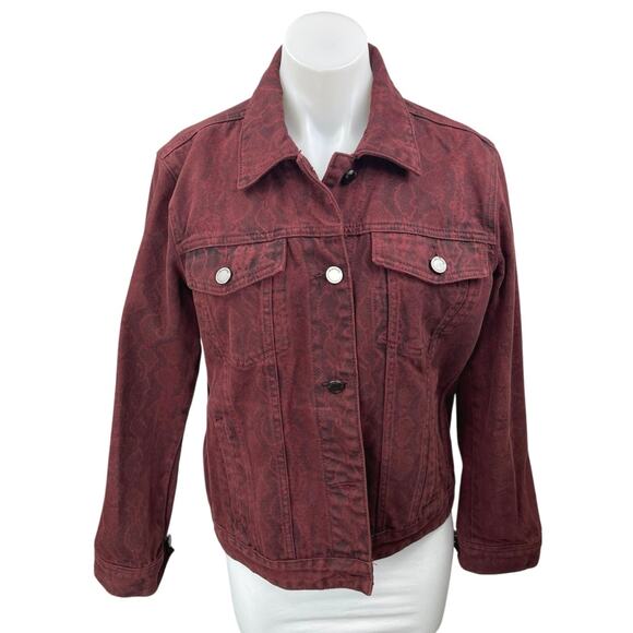 Blanknyc Rattled Up Maroon Snake Animal Print Long Sleeve Denim Jean Jacket S - Picture 1 of 5